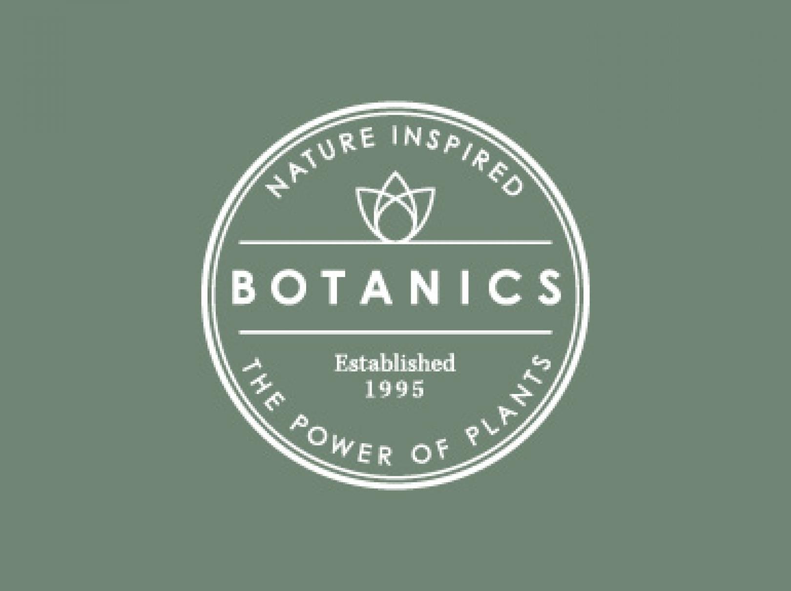 White Botanics Logo on Botanics Green Background