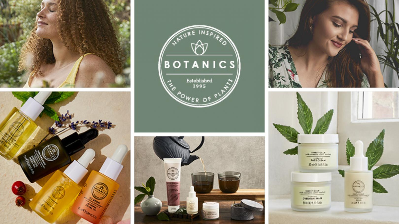 Grid image including Botanics logo, models and product shots