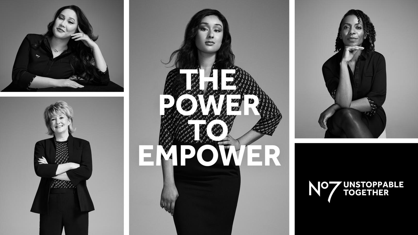 Grid image including No7 Unstoppable Together Logo and black & white model shots