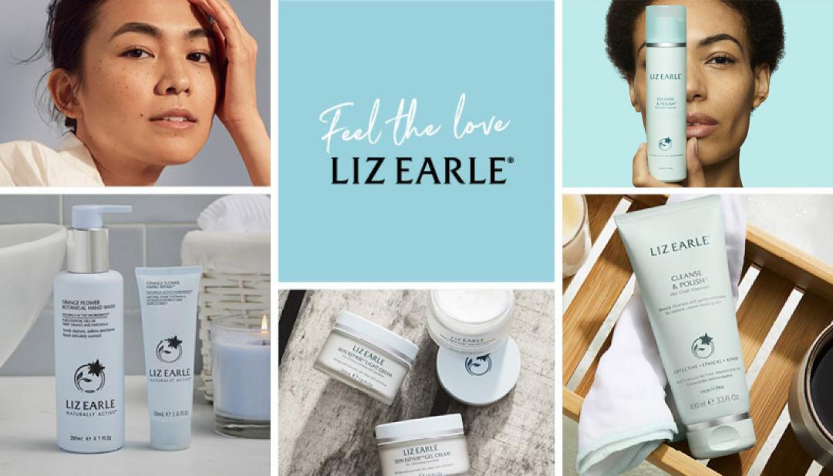 Grid image including Liz Earle logo, models and product shots