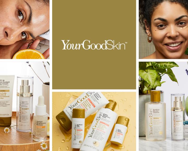 Grid image including Your Good Skin logo, models and product shots