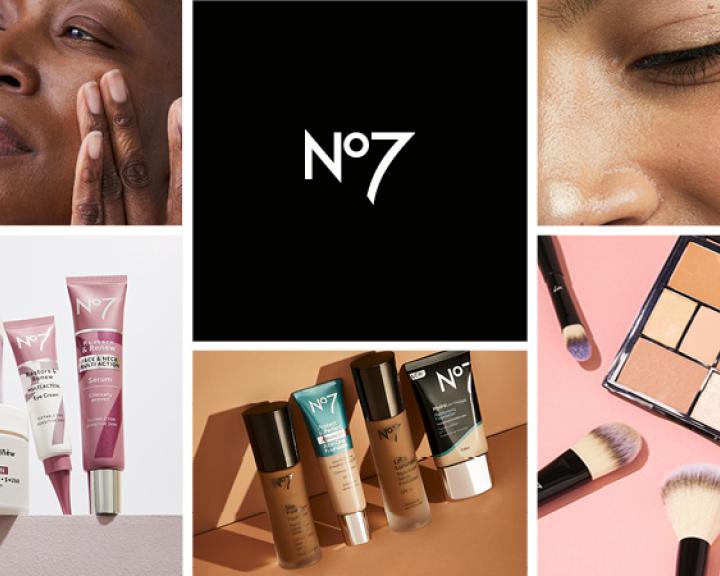 Grid image including No7 logo, models and product shots
