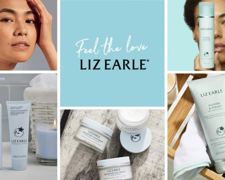 Grid image including Liz Earle logo, models and product shots